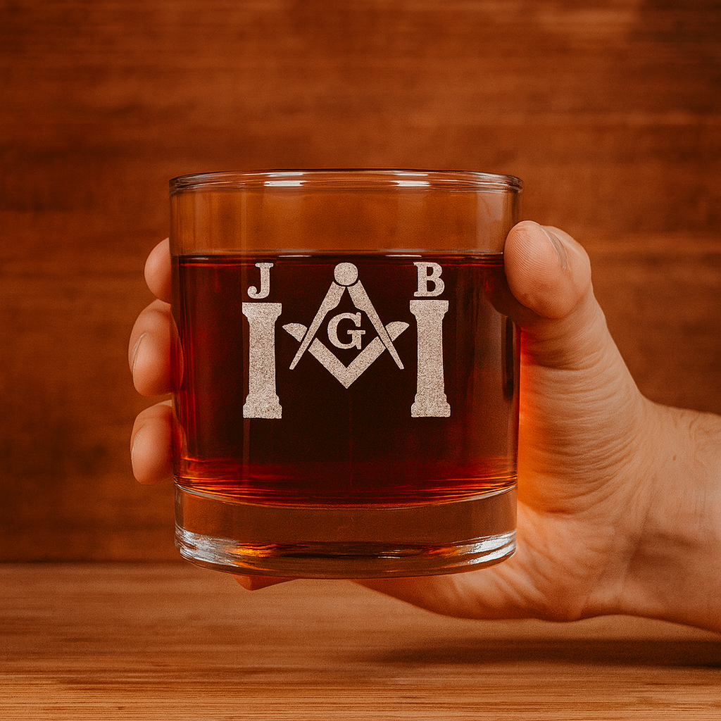 Master Mason Blue Lodge Whiskey Glass - Square & Compasses with Twin J&B Pillars