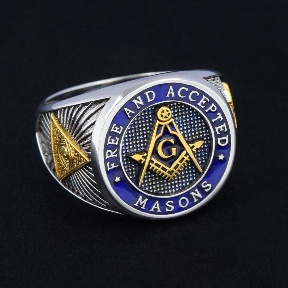 Master Mason Blue Lodge Ring - Free and Accepted Masons with S&C G Eye of Providence - Bricks Masons
