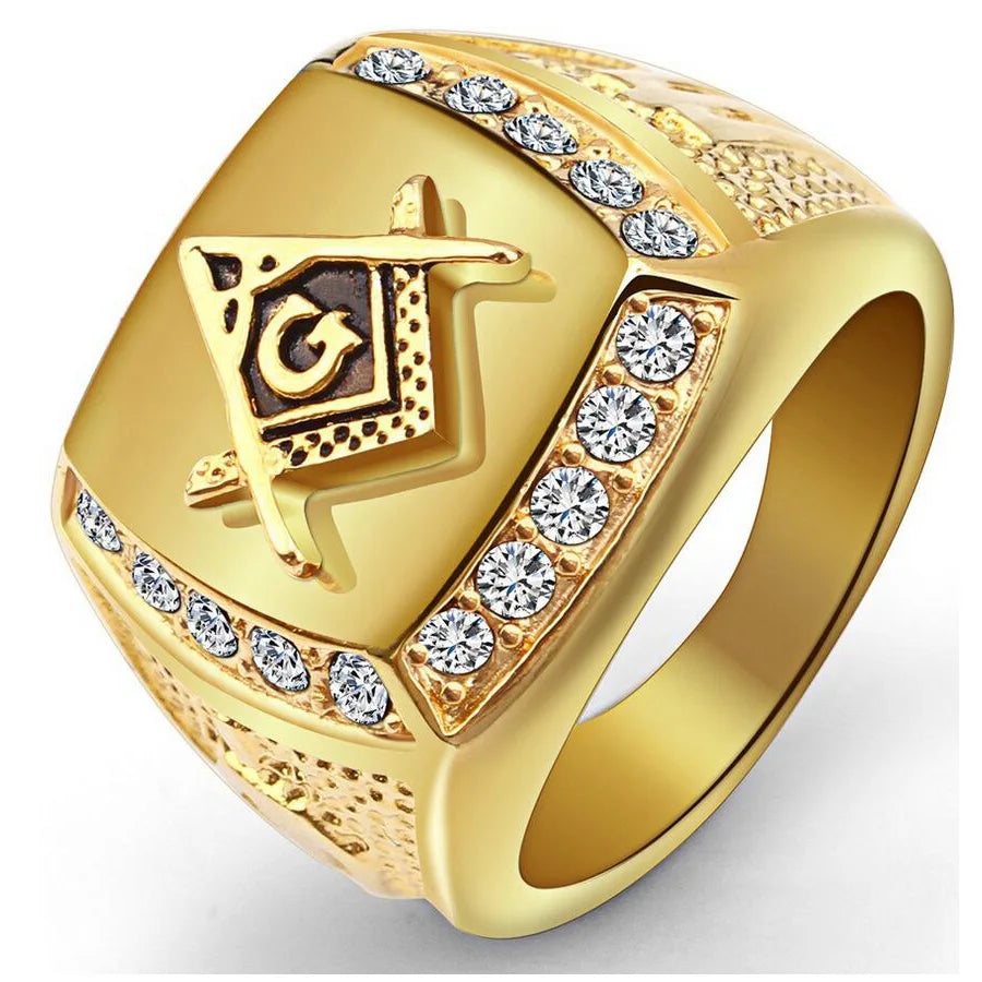 Master Mason Blue Lodge Ring - 316L Stainless Steel Gold Square & Compass - Bricks Masons