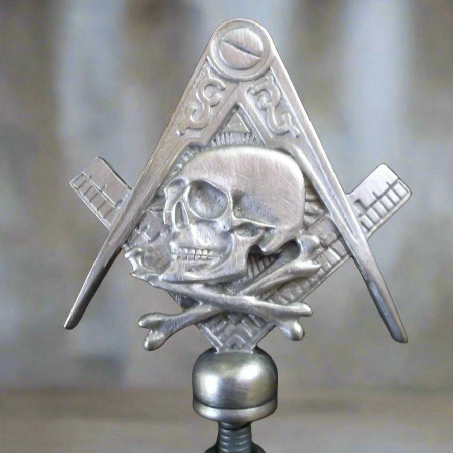 Widows Sons Hood Ornament - Square & Compass With Skull & Bones - Bricks Masons