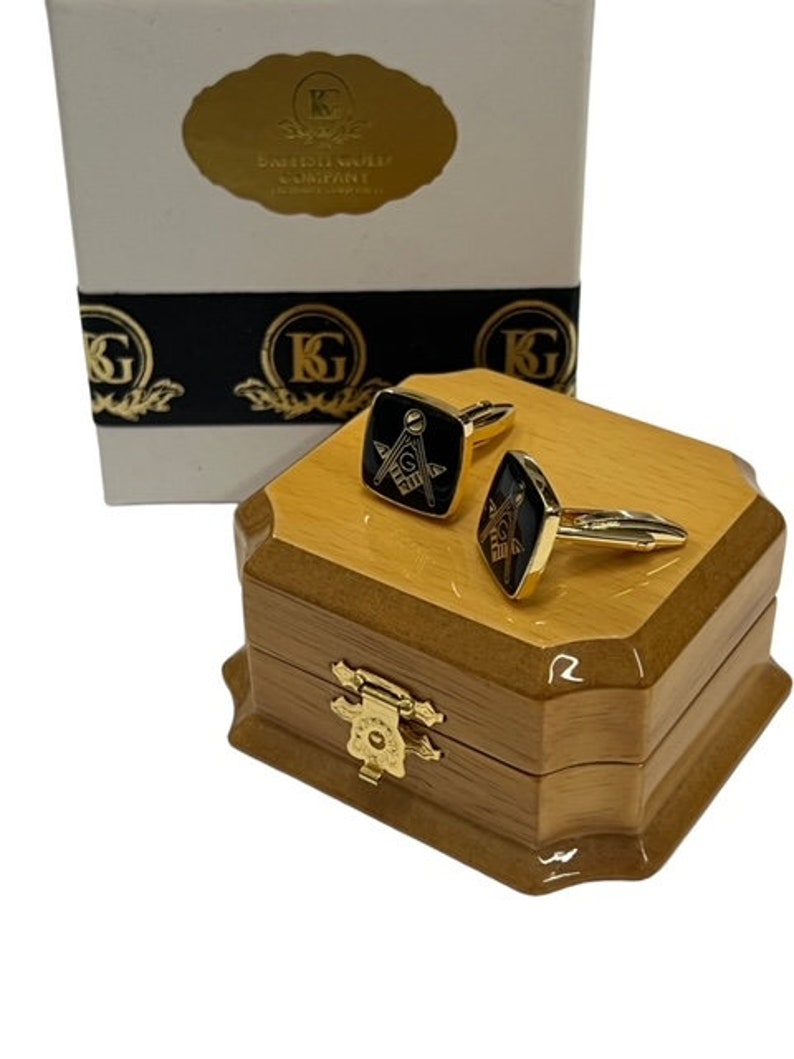 Master Mason Blue Lodge Cufflinks - 24k Gold Clad Wooden Set Case - Bricks Masons