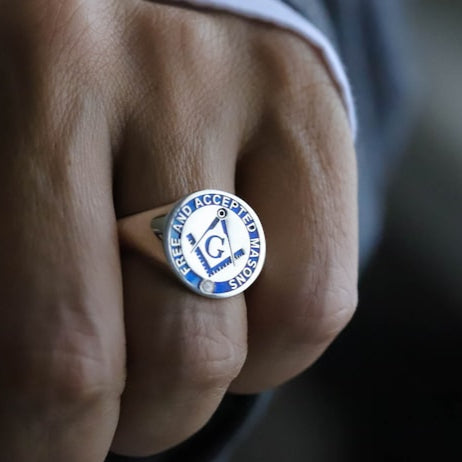 Master Mason Blue Lodge Ring - Silver Blue Enamel 925 Sterling Silver - Bricks Masons