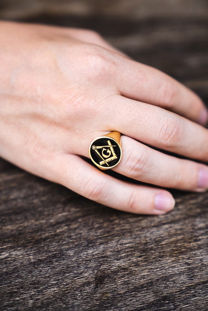 Master Mason Blue Lodge Ring - Gold & Black Enamel Various Materials - Bricks Masons