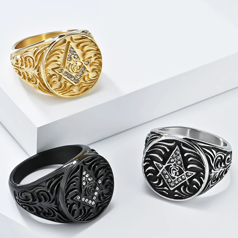 Master Mason Blue Lodge Ring - Stainless Steel Cubic Zirconia - Bricks Masons