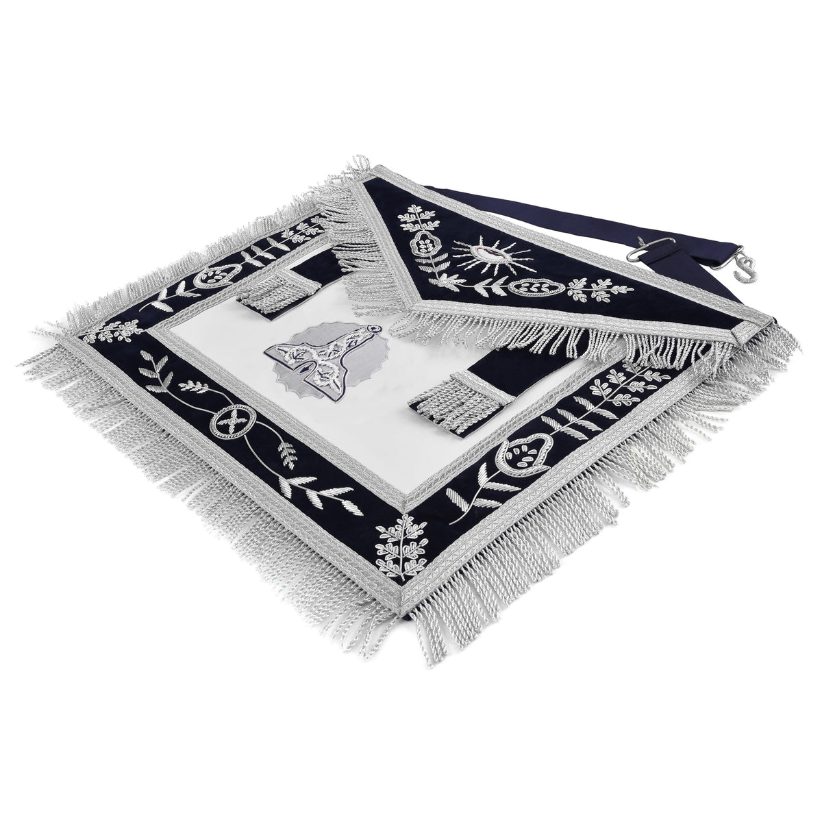 Senior Warden Blue Lodge Officer Apron - Dark Blue With Silver Hand Embroidery Bullion - Bricks Masons