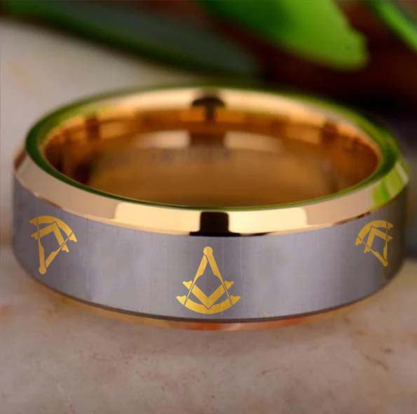 Past Master Blue Lodge Ring - Gold Beveled Tungsten - Bricks Masons