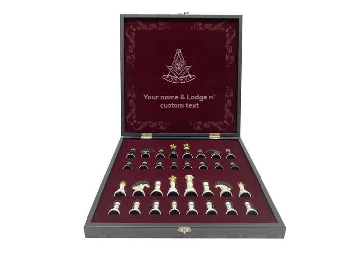 Past Master Blue Lodge California Regulation Chess Set - Black Marble Pattern - Bricks Masons