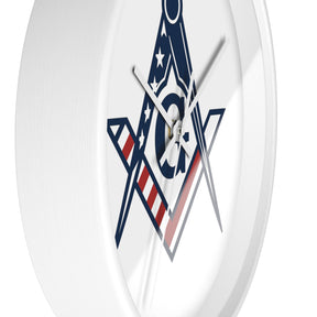 Master Mason Blue Lodge Clock - Square & Compass G with American Flag Design - Bricks Masons