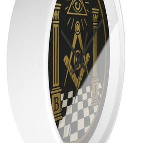 Master Mason Blue Lodge Clock - S&C with Pillars in Wooden Frame - Bricks Masons