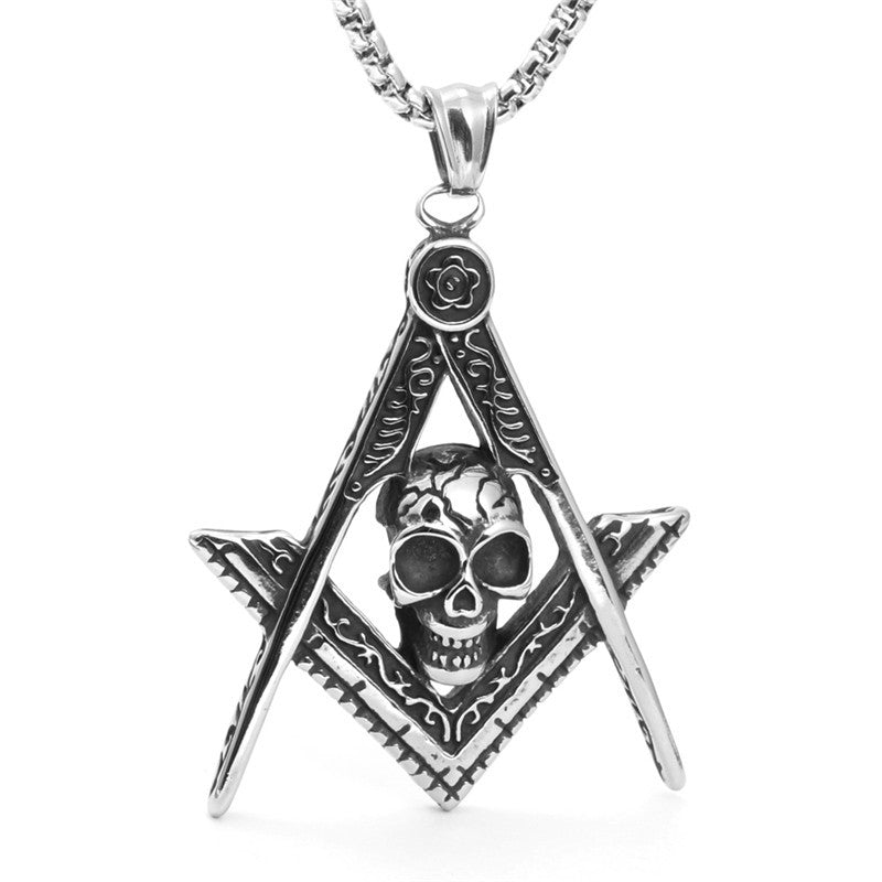 Master Mason Blue Lodge Necklace - Silver Stainless Steel Skull Pendant - Bricks Masons