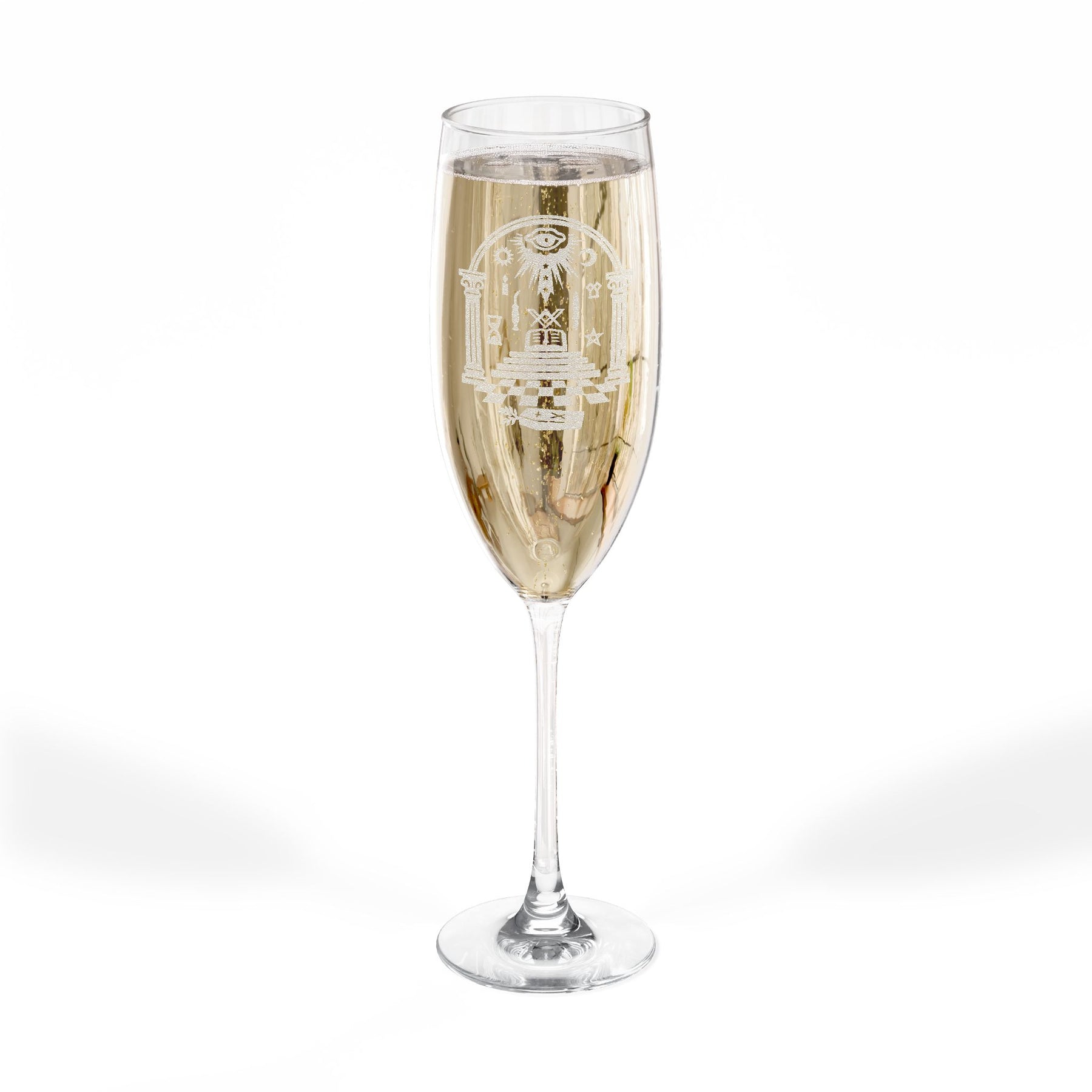 Master Mason Blue Lodge Champagne Flute - Checkered Floor Pillars All-Seeing Eye & Tools - Bricks Masons