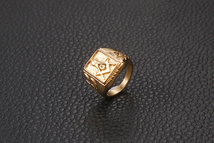 Master Mason Blue Lodge Ring - Gold Titanium Steel - Bricks Masons