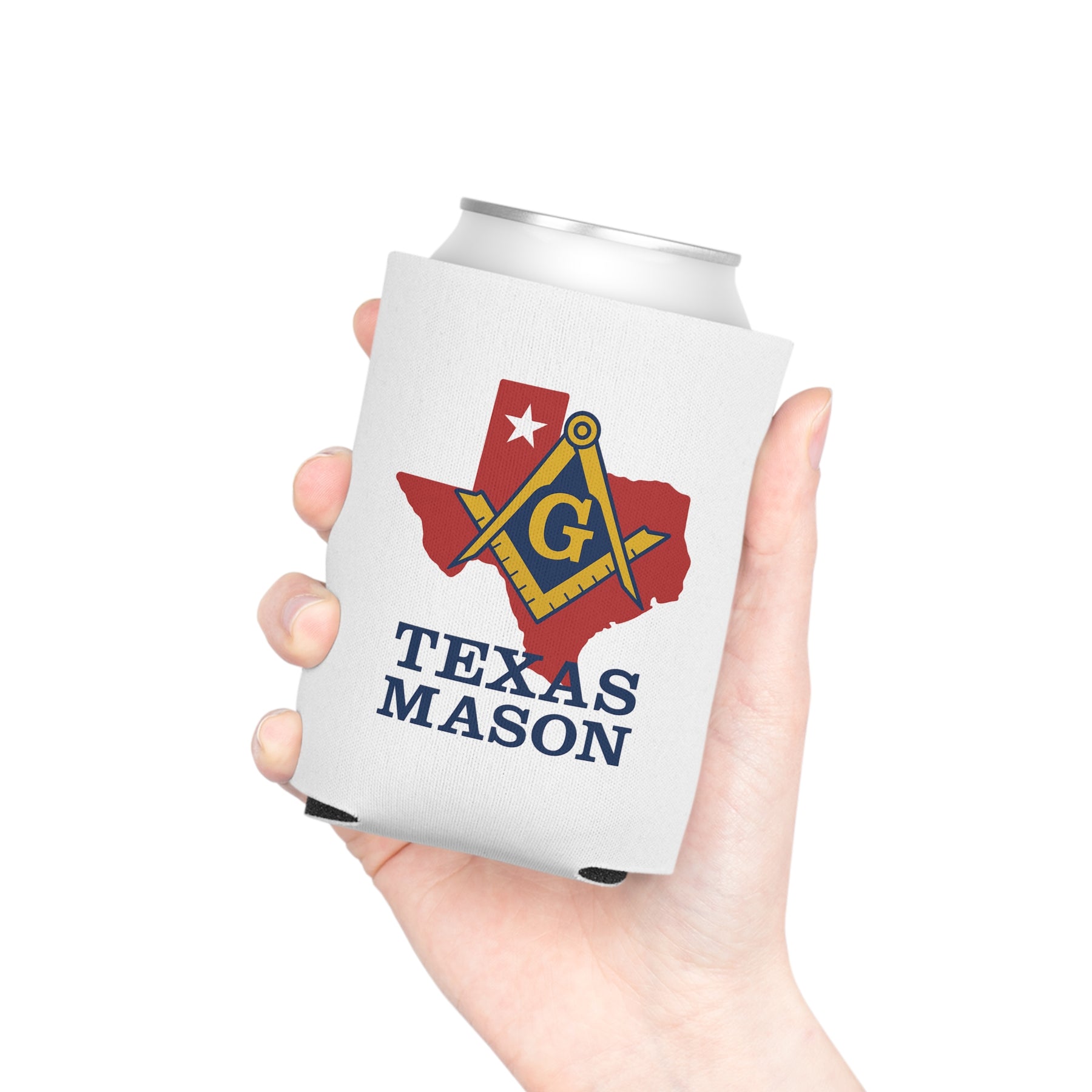 Master Mason Blue Lodge Can Cooler - Texas Mason Square & Compass G - Bricks Masons