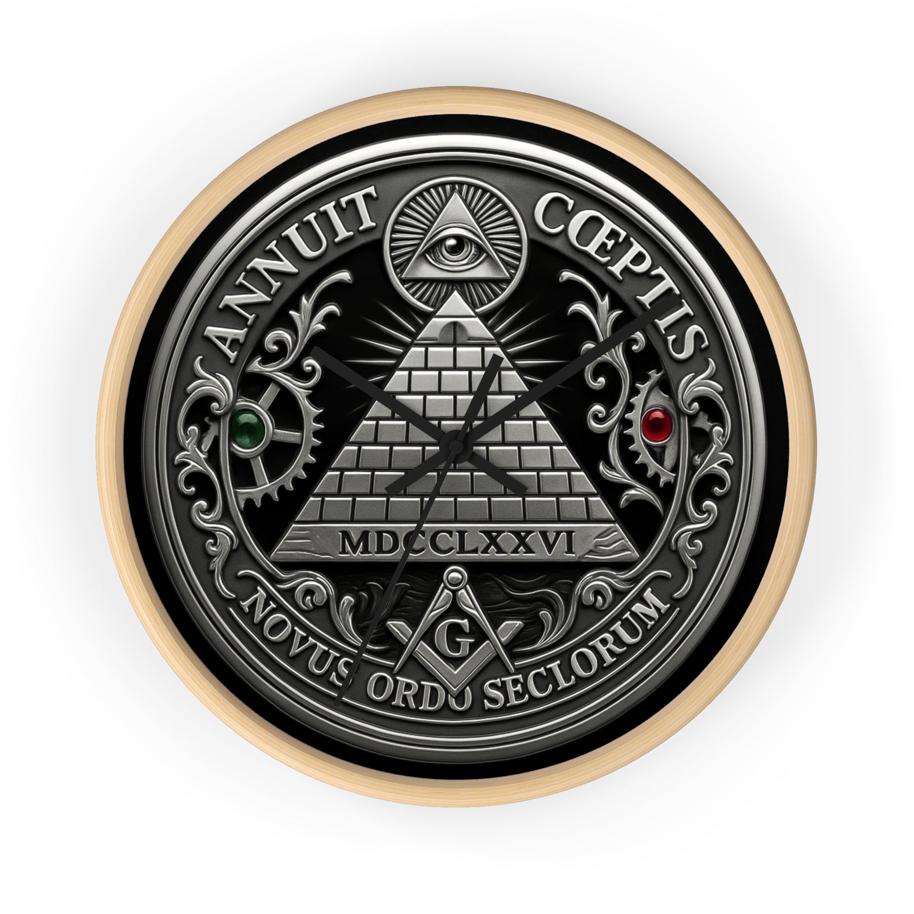 Master Mason Blue Lodge Clock - S&C with Pyramid & All Seeing Eye Latin Motto - Bricks Masons