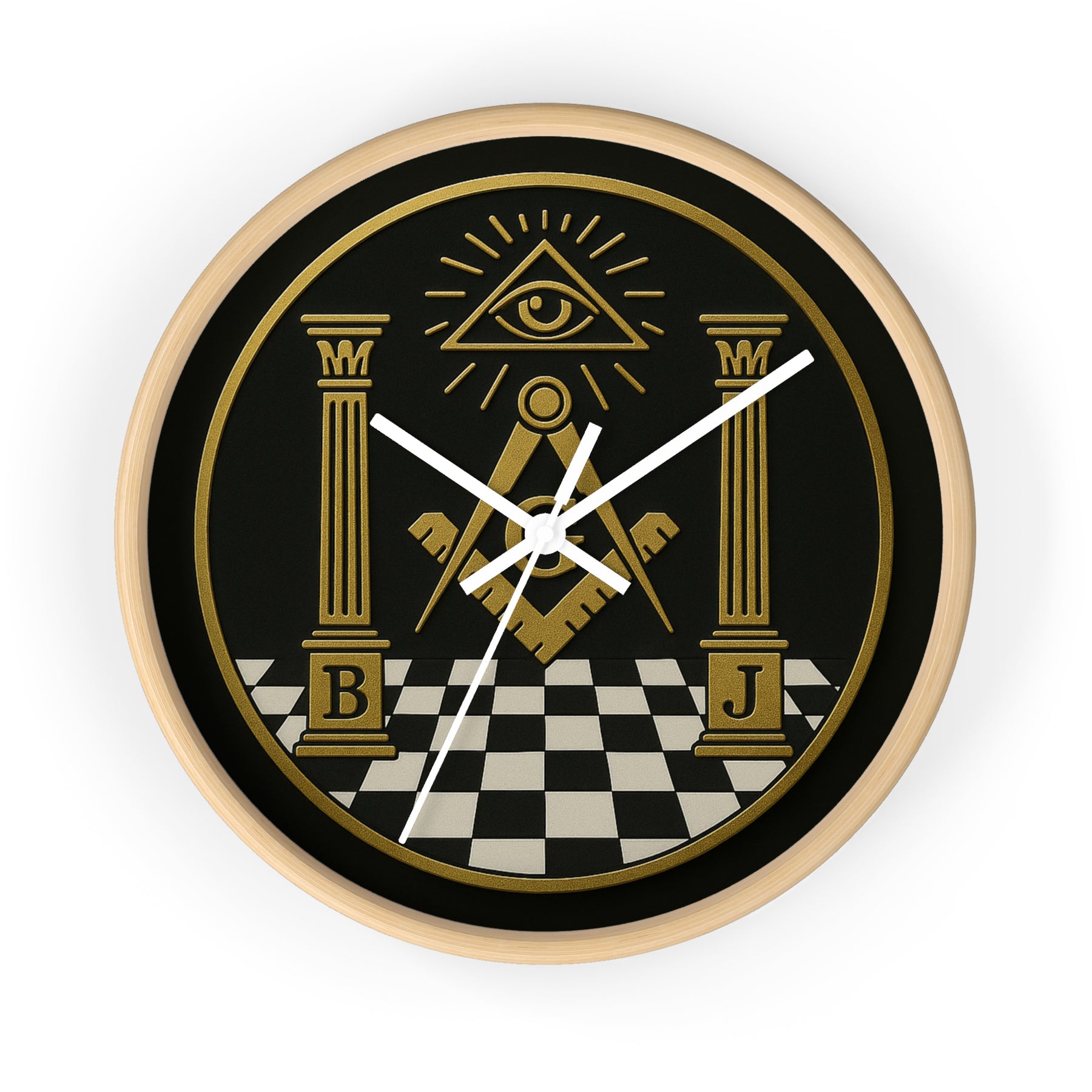 Master Mason Blue Lodge Clock - S&C with Pillars in Wooden Frame - Bricks Masons