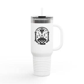 Master Mason Blue Lodge Ringneck Tumbler – Tempelszene mit Winkelmaß und Zirkel