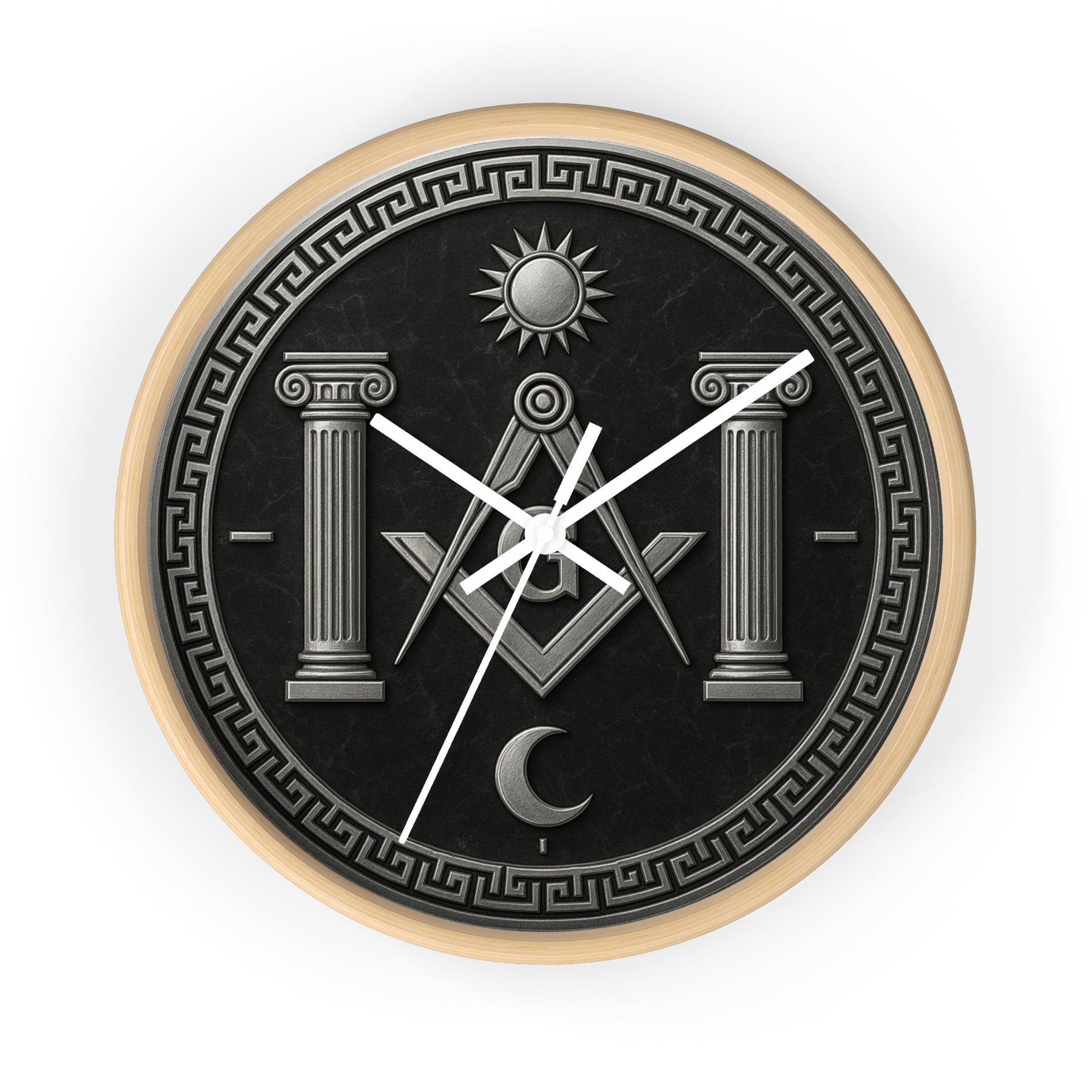 Master Mason Blue Lodge Clock - S&C with Pillars Sun & Moon on Wooden Frame - Bricks Masons