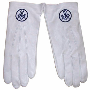 Master Mason Blue Lodge Gloves - White Leather with Square & Compass G Embroidery