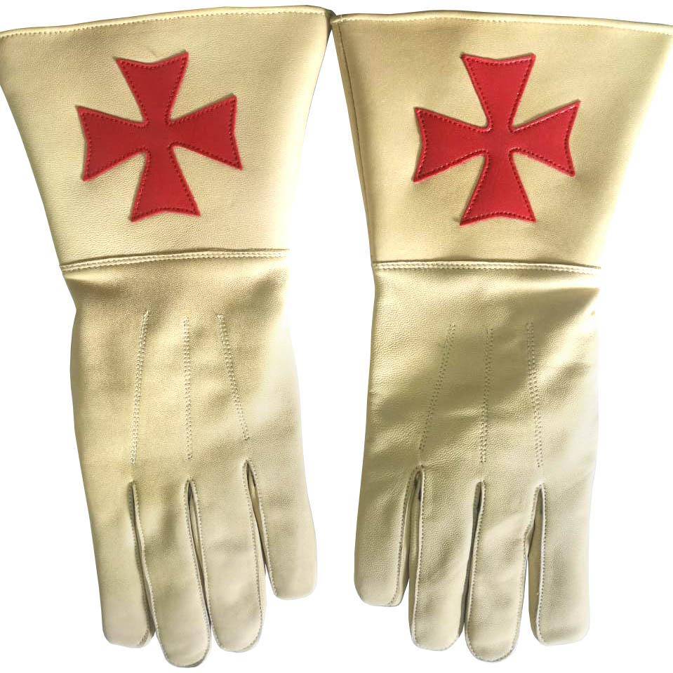 Knights Templar Commandery Gauntlet - Buff Leather with Red Maltese Cross