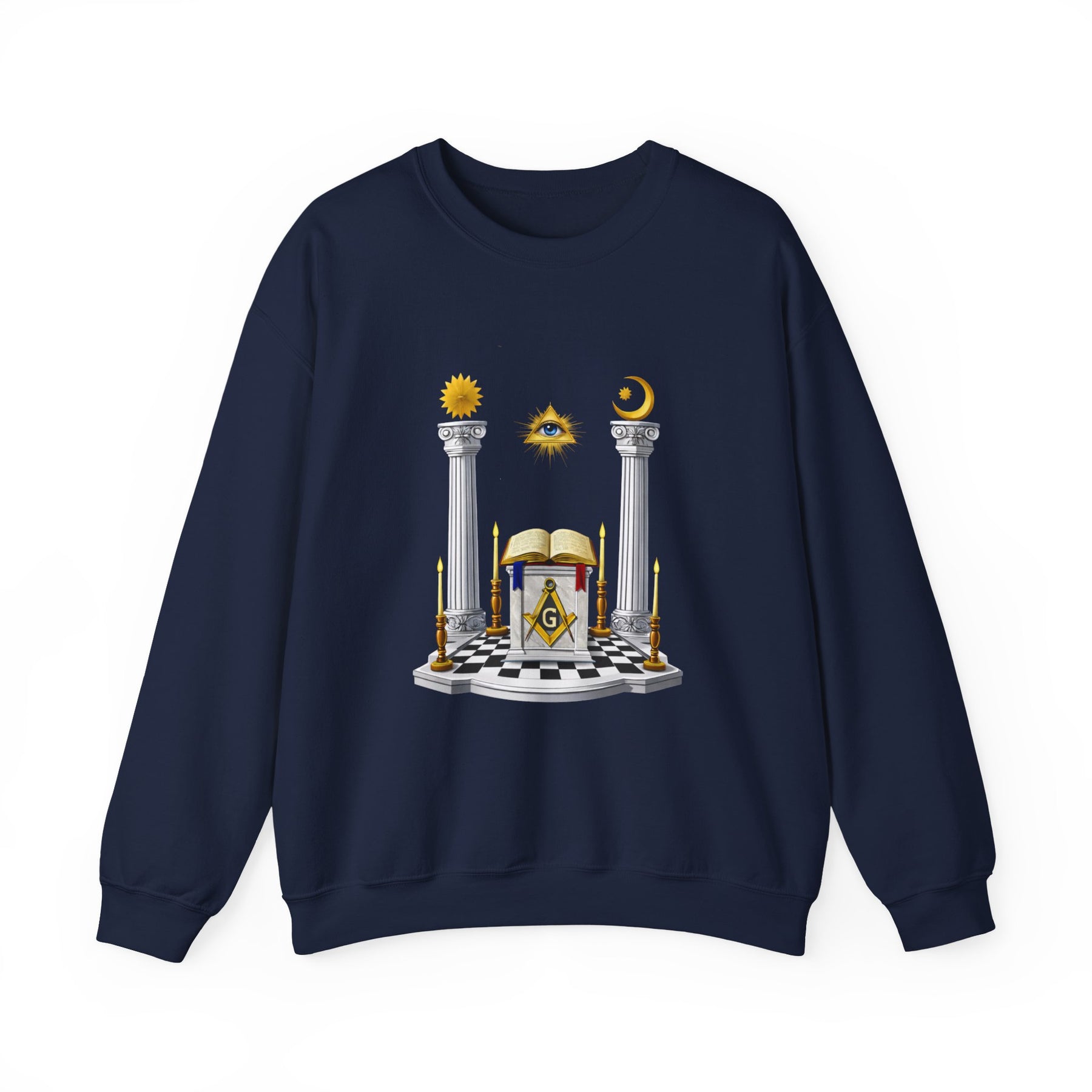 Master Mason Blue Lodge Sweatshirt - S&amp;C G mit Altarsäulen und Auge auf kariertem Boden