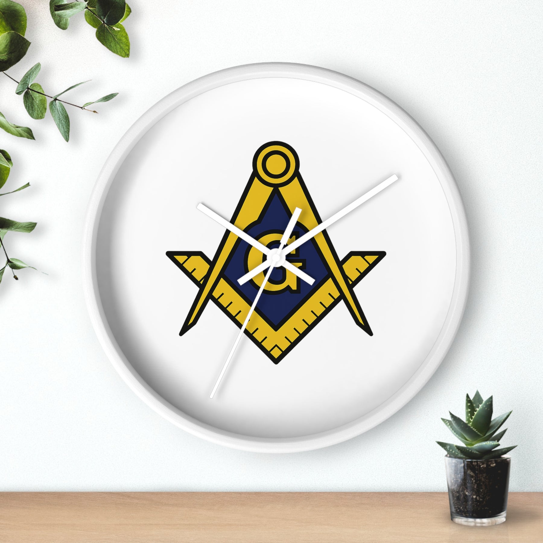 Master Mason Blue Lodge Clock - Wood Frame with Golden Square & Compass G - Bricks Masons