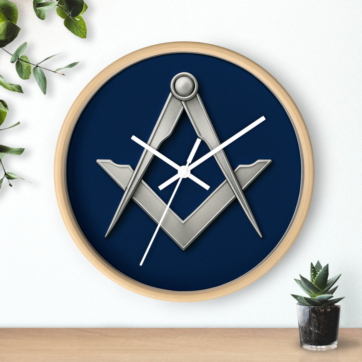 Master Mason Blue Lodge Clock - Minimalist Square & Compass in Wooden Frame - Bricks Masons