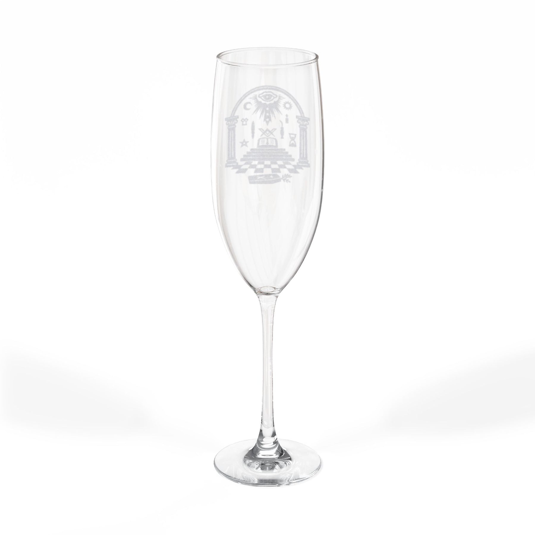 Master Mason Blue Lodge Champagne Flute - Checkered Floor Pillars All-Seeing Eye & Tools - Bricks Masons