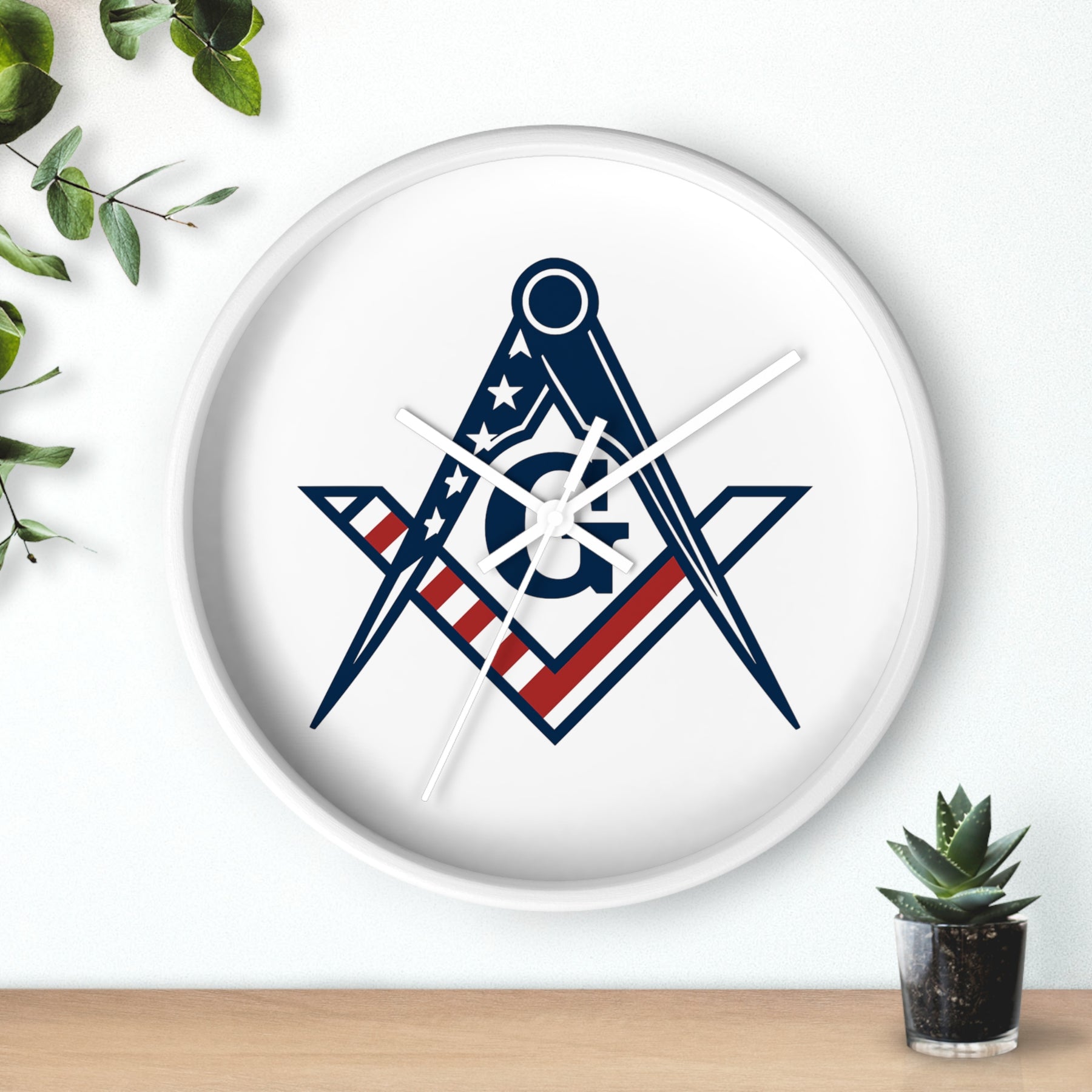 Master Mason Blue Lodge Clock - Square & Compass G with American Flag Design - Bricks Masons