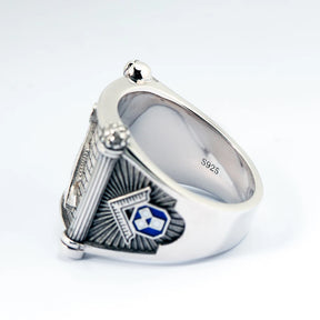 Past Master Blue Lodge Ring - Quadrant & Compass Sun with Twin Pillars Sterling Silver