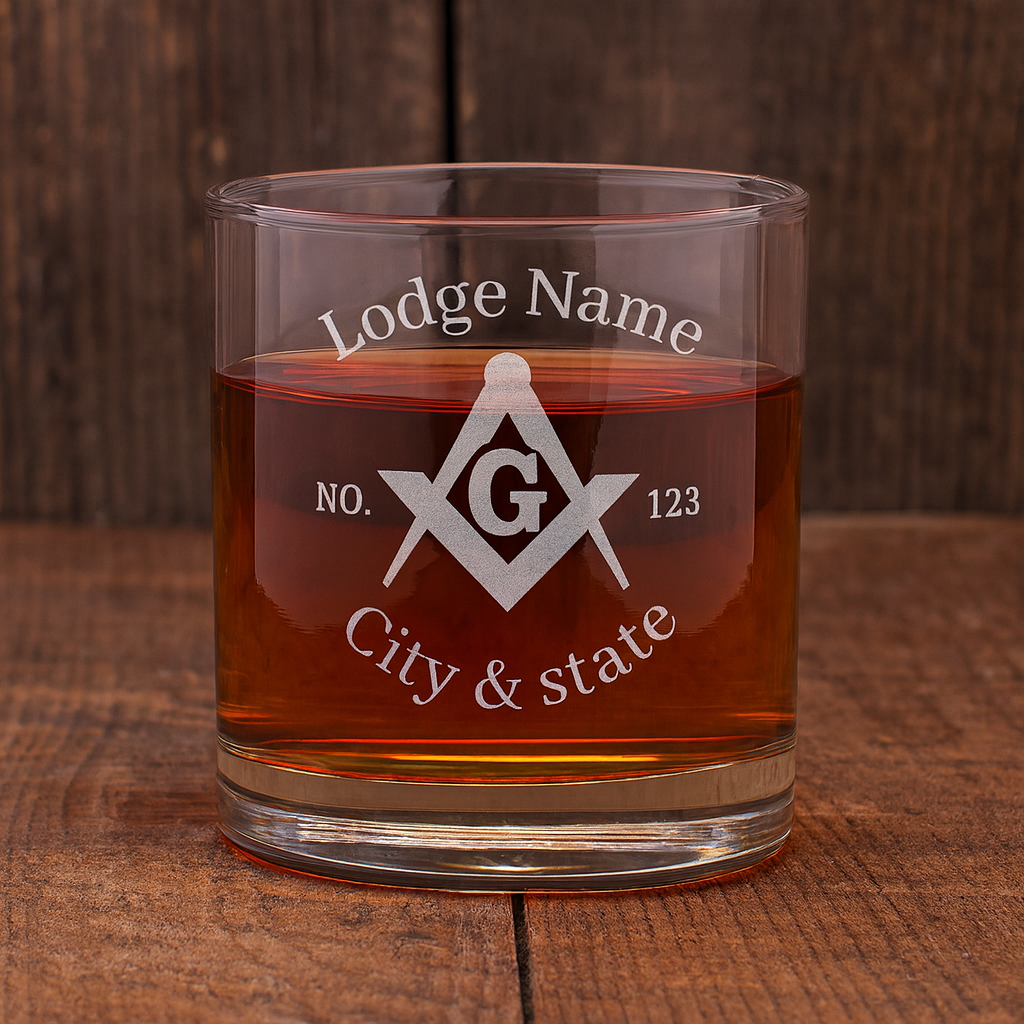 Master Mason Blue Lodge Whiskyglas - Winkelmaß &amp; Zirkel G mit Personalisierung