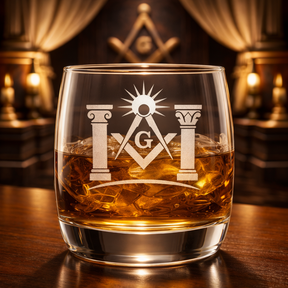 Master Mason Blue Lodge Whiskyglas – S&amp;C G mit Säulen und strahlendem Licht