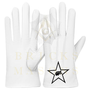 Lady Knights HoTC Gloves - White Leather Black Star Cross & Crown - Bricks Masons