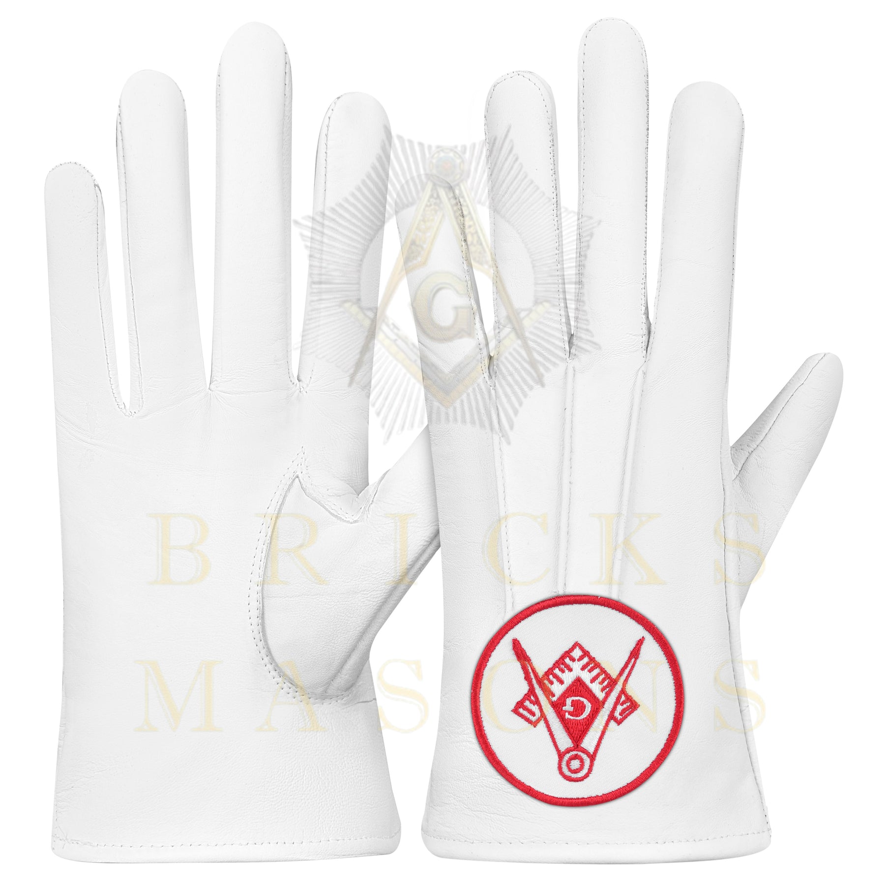 Master Mason Blue Lodge Gloves - White Leather Circular Red Square & Compass G Patch - Bricks Masons