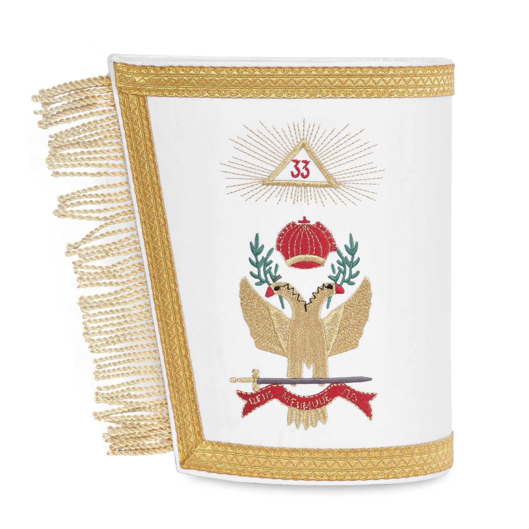 33rd Degree Scottish Rite Cuff - White Silk with Gold Machine Embroidery Bullion - Bricks Masons
