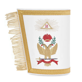 33rd Degree Scottish Rite Cuff - White Silk with Gold Machine Embroidery Bullion - Bricks Masons