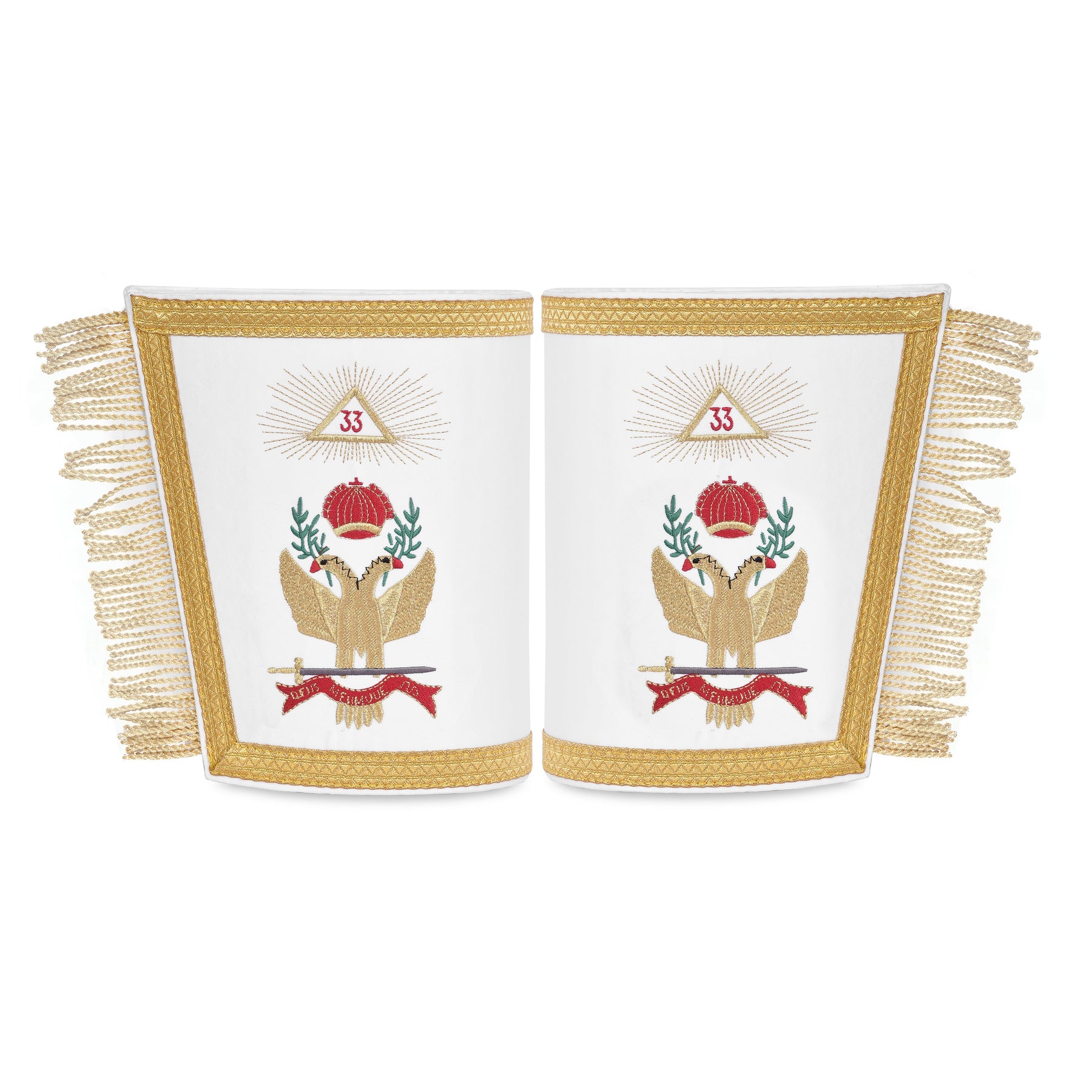 33rd Degree Scottish Rite Cuff - White Silk with Gold Machine Embroidery Bullion - Bricks Masons