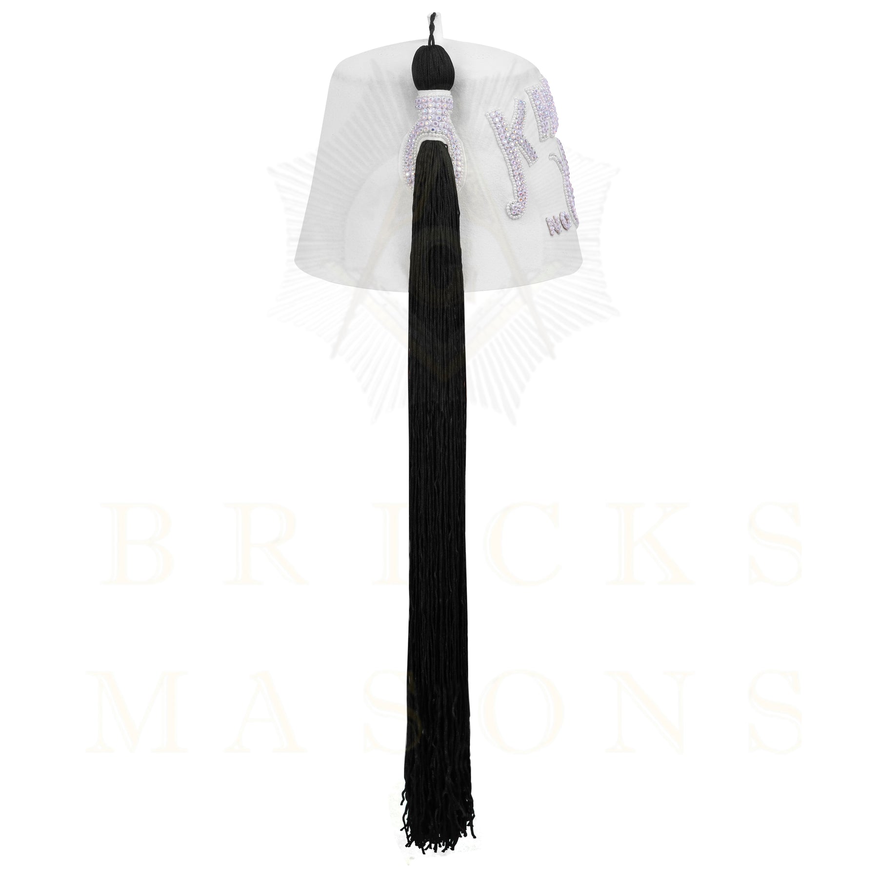 DOI Fez Hat - Pure White With Rhinestones (2 Rows as pictured) - Bricks Masons