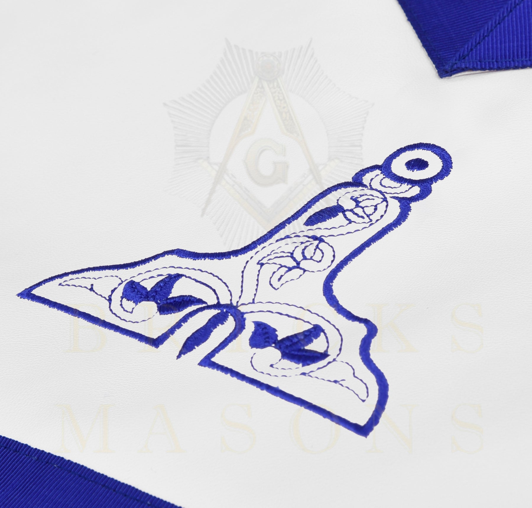 Senior Warden Blue Lodge Officer Apron - Blue Ribbon With Machine Embroidery Customizable Flap - Bricks Masons