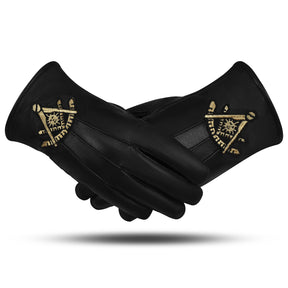 Past Master Blue Lodge Gloves - Black Leather With Gold Emblem - Bricks Masons
