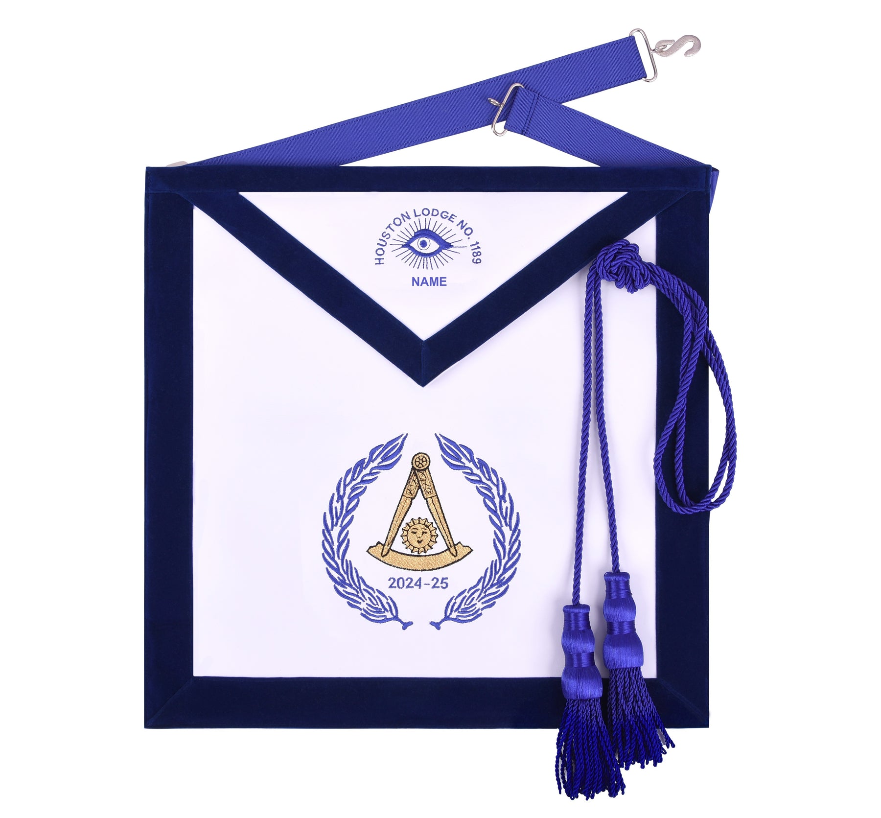 Grand Past Master Blue Lodge Apron - Customizable Blue Velvet With Machine Embroidery - Bricks Masons