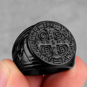 Knights Templar Commandery Ring - Saint Benedict Medal cssml ndsmd Black Silver