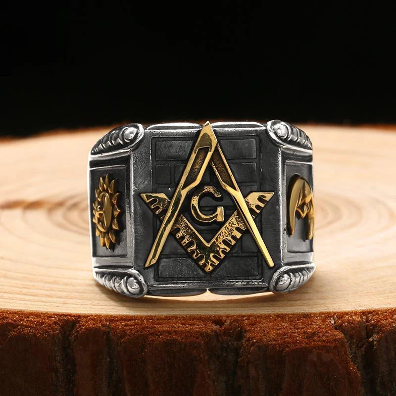 Master Mason Blue Lodge Ring - Silver Sun Moon geometric - Bricks Masons