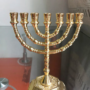 Ancient Israel Jewish Menorah 12 Tribes of Israel Candle Holder - Jerusalem Temple Menorah 7 Branches Candelabra Hanukkah (Gold, 4.9 Inches) - Bricks Masons