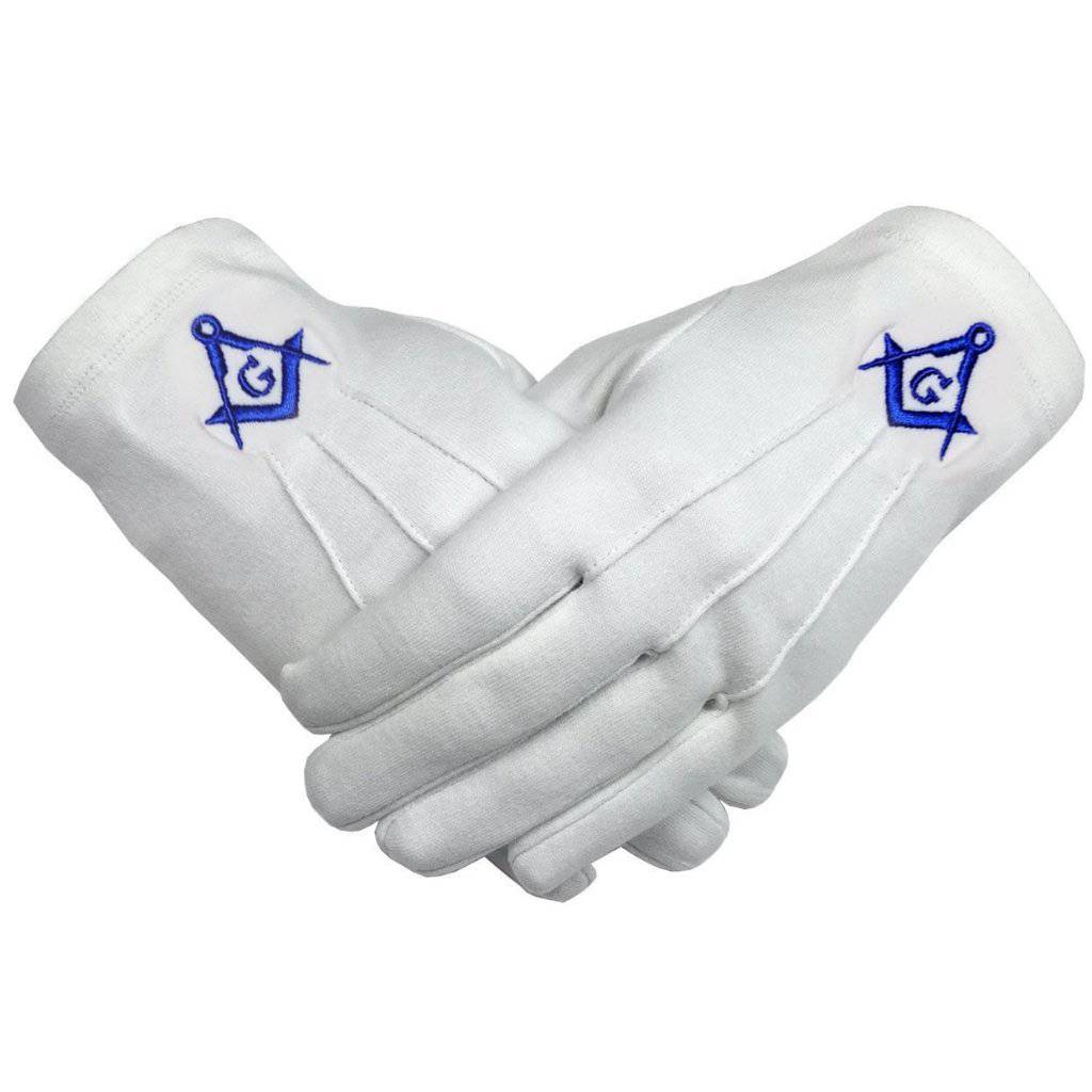 Master Mason Blue Lodge Gloves - White Cotton with Royal Blue Square & Compass G