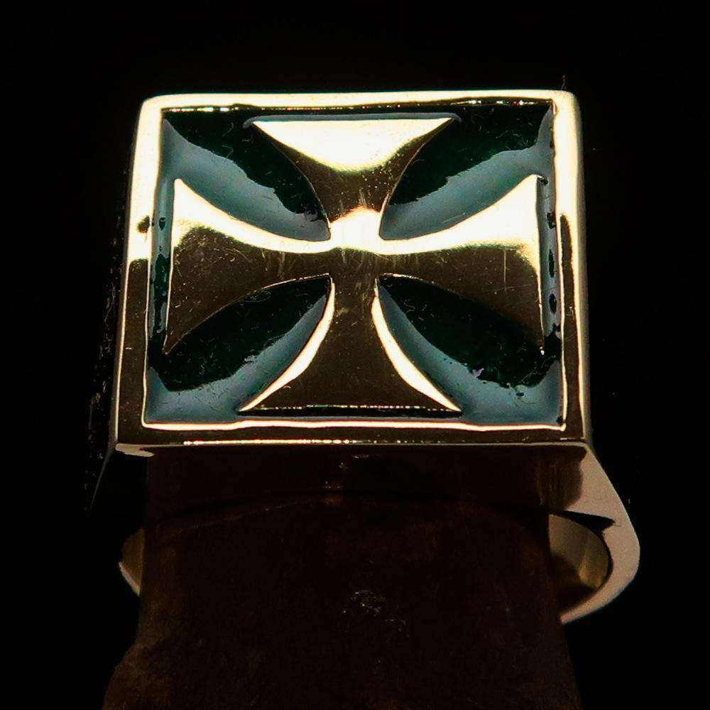 Knights Templar Commandery Ring - Green & Gold Solid Brass With Cross