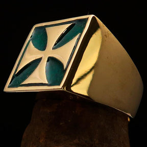 Knights Templar Commandery Ring - Green & Gold Solid Brass With Cross