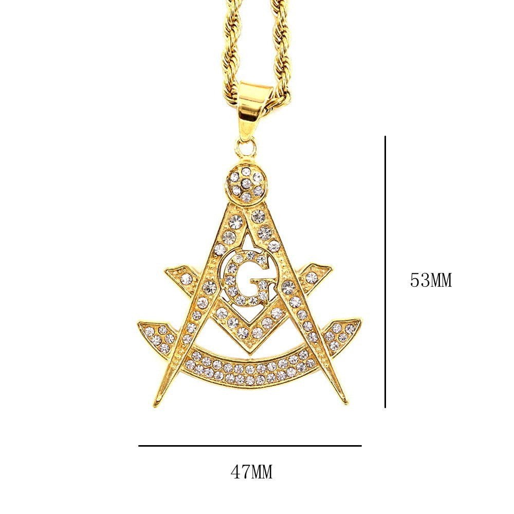 Past Master Blue Lodge Pendant - Quadrant & Square Gold Metal with rhinestones - Bricks Masons