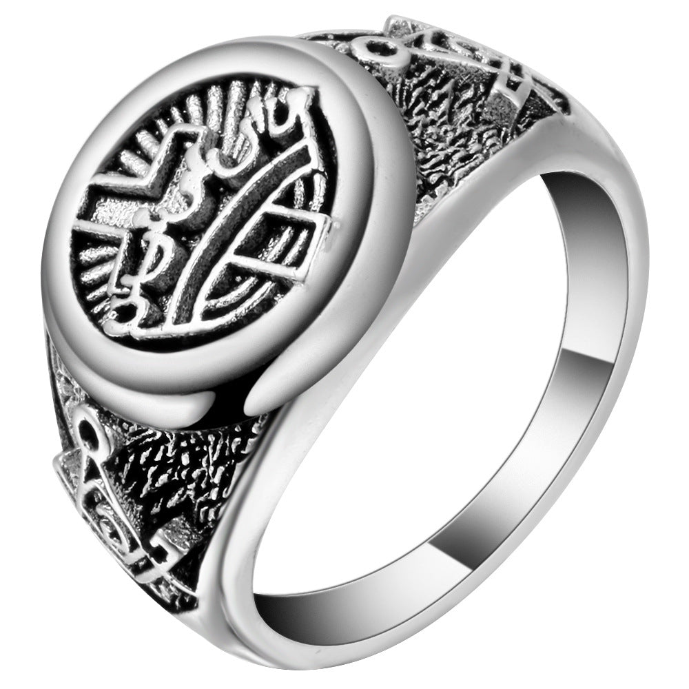 Knights Templar Commandery Ring - Silver Cross and Crown With Square & Compass - Bricks Masons