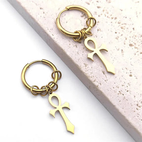 Ancient Egypt Earring - Gold Plated Stainless Steel Ankh Cross Dangle Style - Bricks Masons