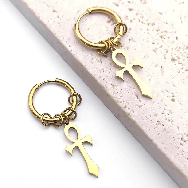 Ancient Egypt Earring - Gold Plated Stainless Steel Ankh Cross Dangle Style - Bricks Masons